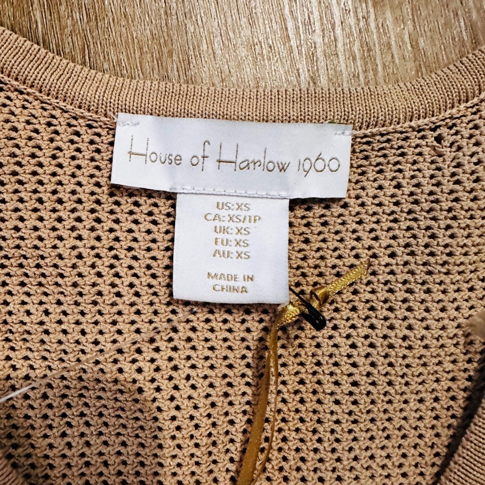House of Harlow 1960 Tan Open Knit V-Neck Bell Sleeve Sweater Top NWT XS - Picture 4 of 8